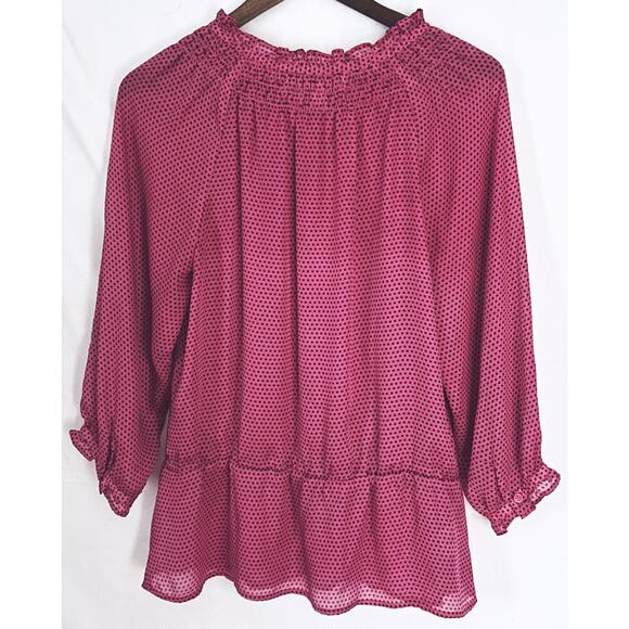 Ann Taylor LOFT Small Sheer Pink Black Polka Dot Long Sleeve Drawstring Neck Top - Picture 2 of 4